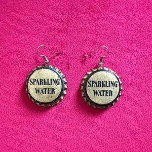 Sparkling Water Bottle Cap Dangle Earrings - Metallic & Navy letters New